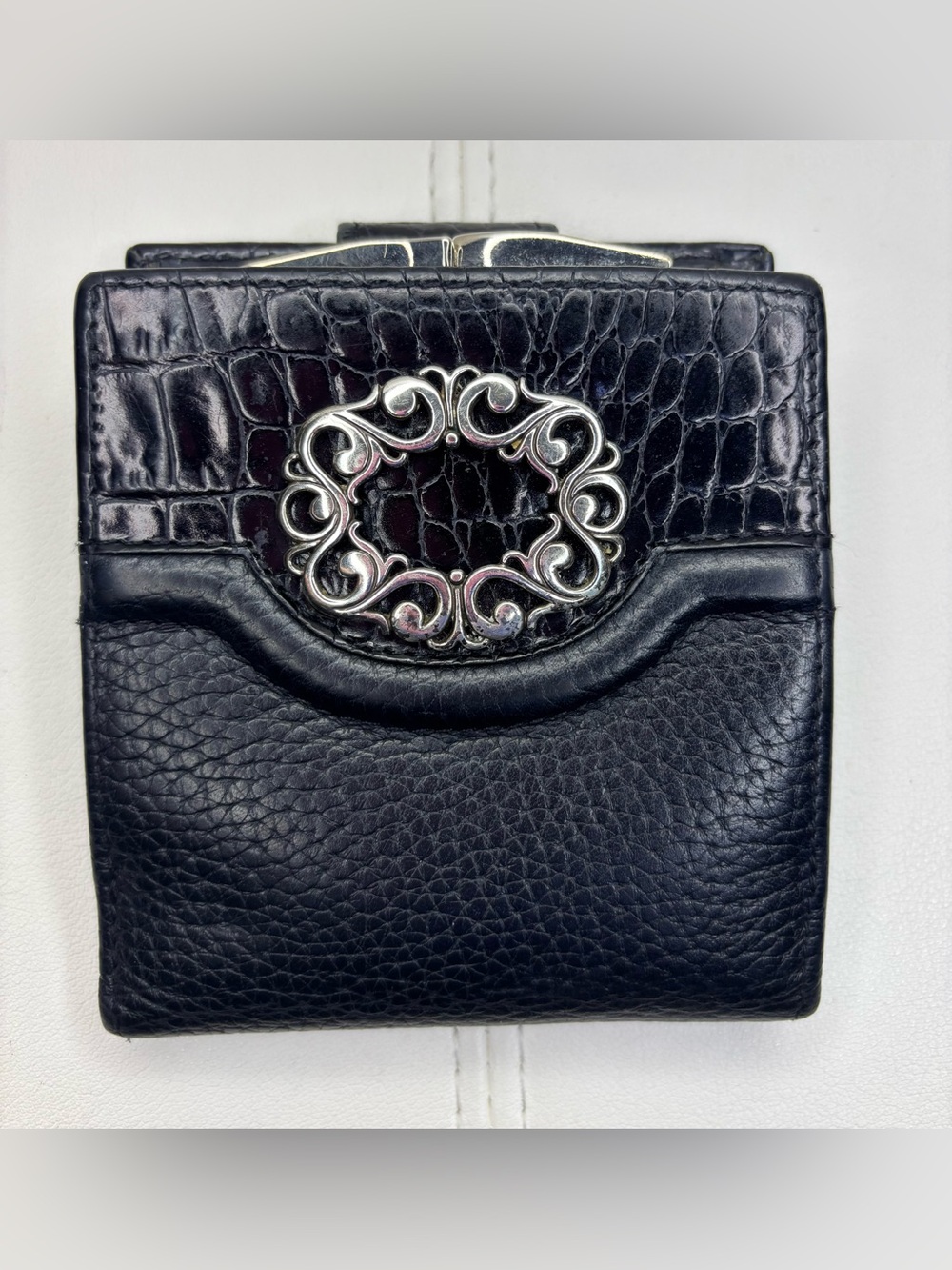 Brighton Black Croc-Embossed Leather French Purse Wallet